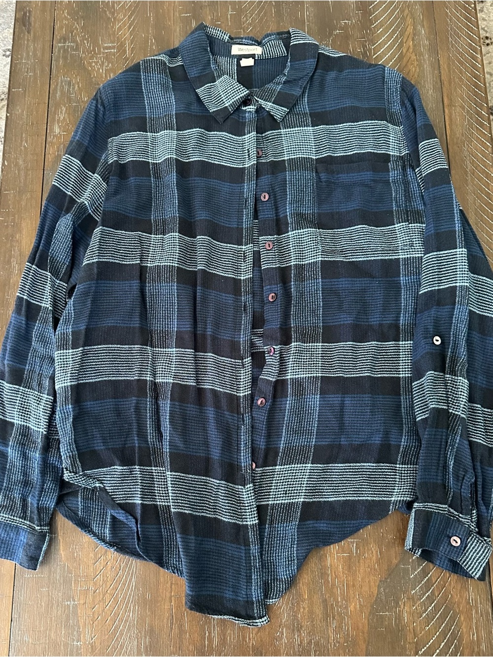 Westport Navy & Light Blue Plaid Button-Down Shirt with Adjustable Sleeve Length
